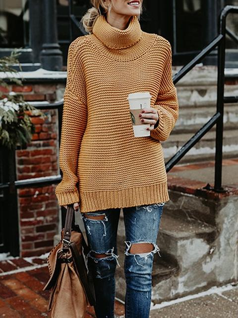 Yellow High Neck Long Sleeve Fashion Oversize Pullover Sweater