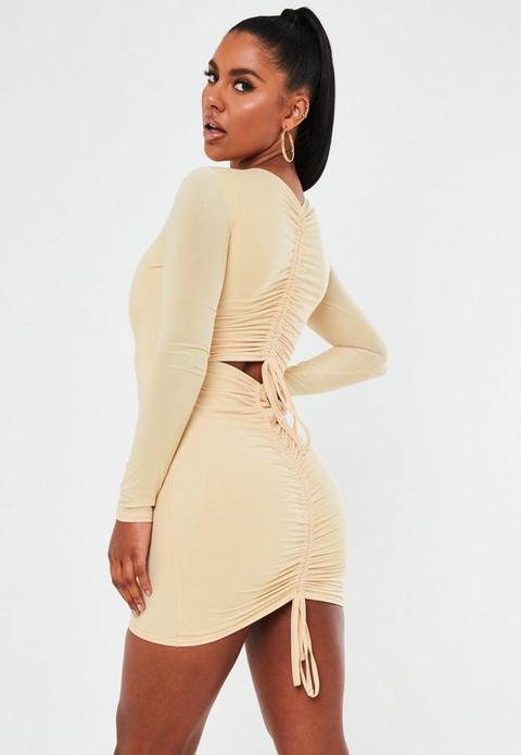 Cream Slinky Ruched Bum Mini Dress, Cream