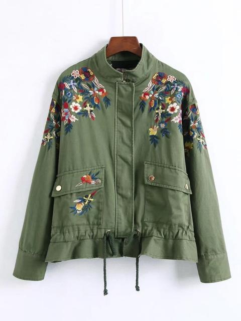 Embroidery Flower Military Peplum Jacket