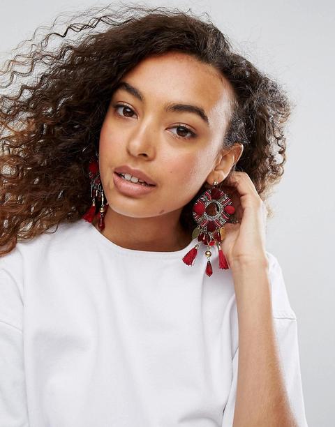 Asos - Orecchini Appariscenti Con Nappe Con Perline E Pompon - Rosso