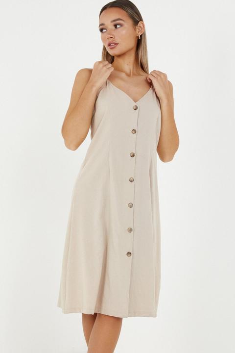 Stone Linen Button Front Midi Dress