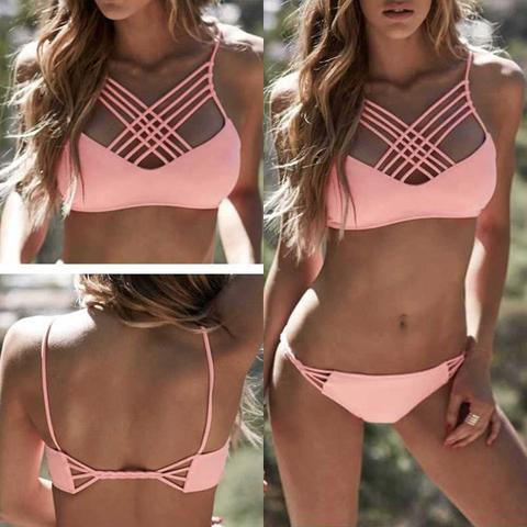 Costume Da Bagno Pianura Traforata Condole V-collo Casuale Rosa
