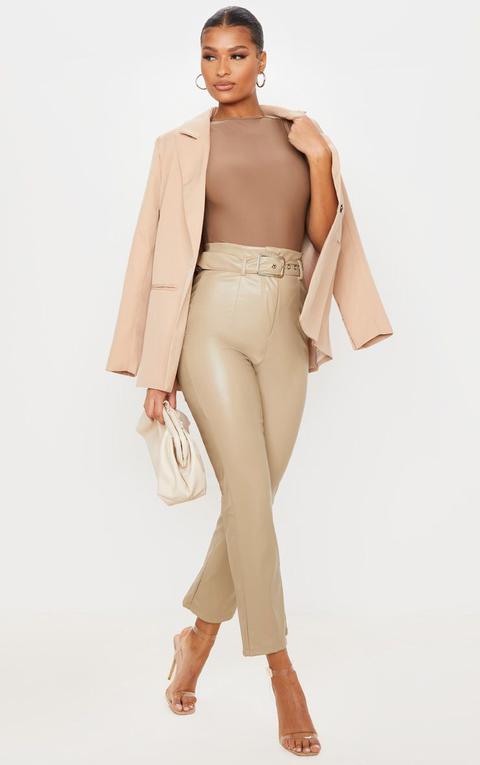 Stone Belted Straight Leg Faux Leather Trousers