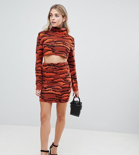 Minifalda De Punto Con Estampado De Tigre De Missguided-naranja