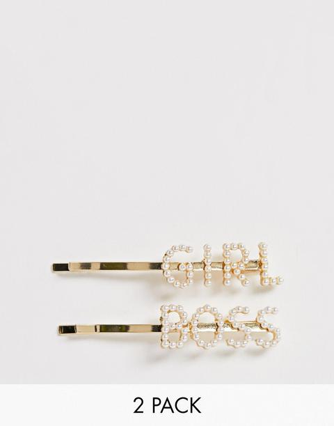 Designb London Girl Boss Hair Slides - 2 Pack-gold