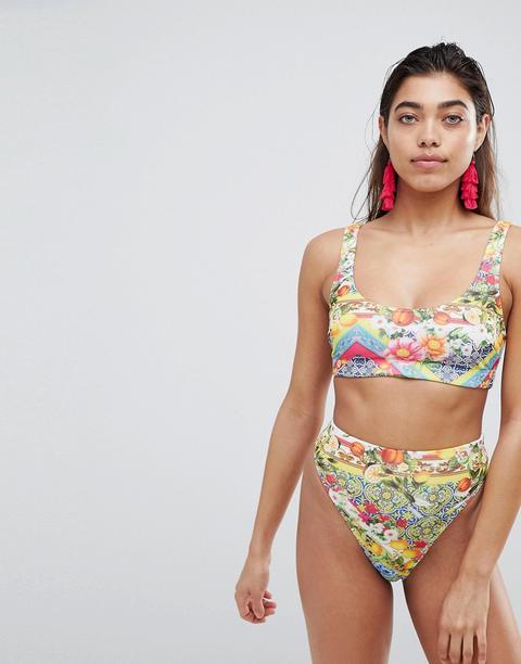 Asos Design Vibrant Tile Print Crop Bikini Top