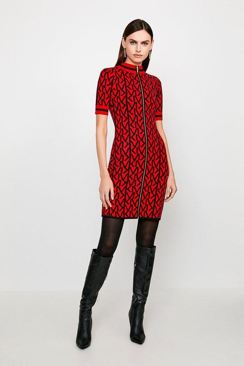 Karen Millen Km Logo Funnel Neck Knitted Dress -, Red