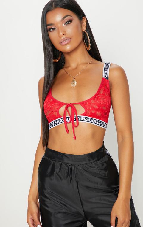 Prettylittlething Red Lace Tie Front Bralet