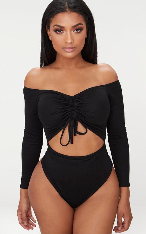 Shape Black Ruched Detail Bardot Bodysuit