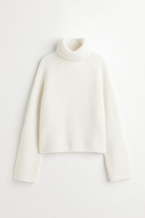 Ribbed Polo-neck Jumper - White