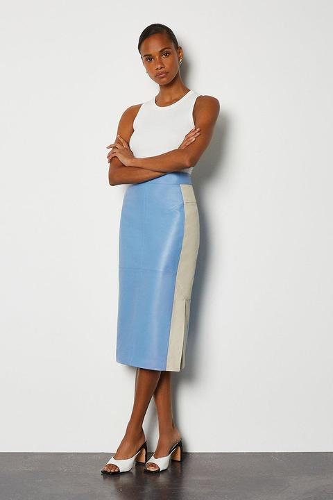 Karen Millen Colourblock Leather Pencil Skirt, Pale Blue