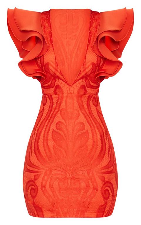 red lace ruffle detail plunge bodycon dress