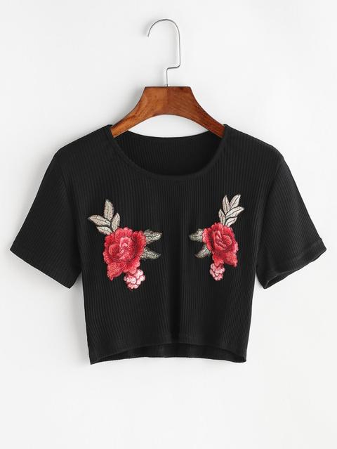 Fiori Ricamati A Coste Crop Maglia T-shirt