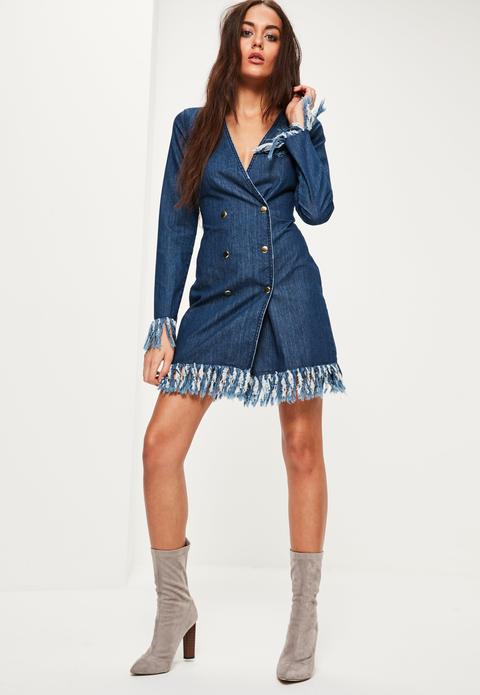 Blue Frayed Hem Denim Blazer Dress