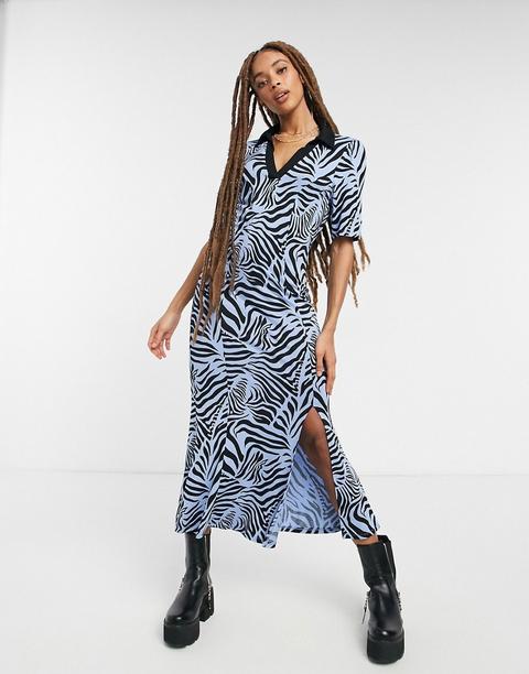 Asos Design Collared Maxi With Short Sleeve In Blue Animal Print