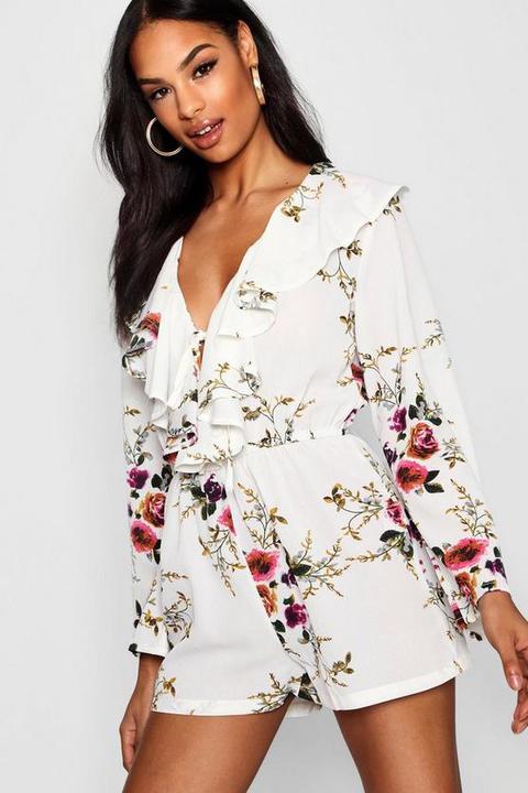 Tall Ruffle Front Floral Playsuit from Boohoo on 21 Buttons