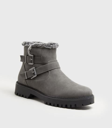 Grey Faux Fur Lined Biker Boots New Look