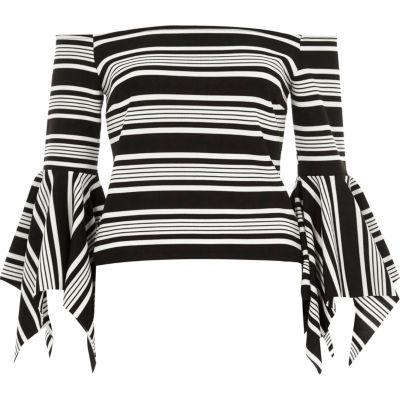 Black Stripe Frill Sleeve Bardot Top