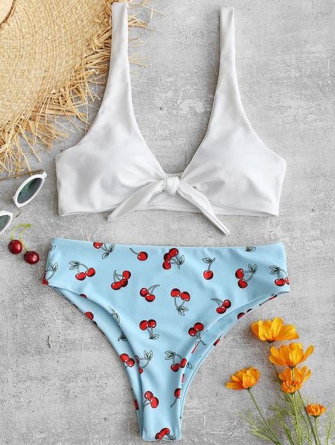 Bikini Annodato A Taglio Alto Con Stampa Ciliegia White Light Sky Blue Rubber Ducky Yellow