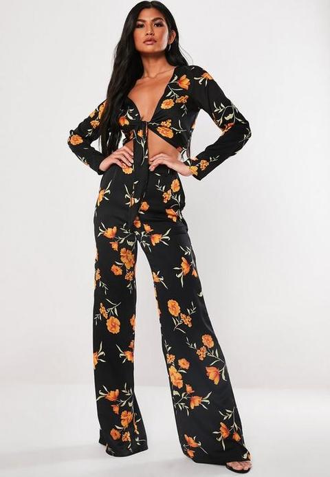 Tall Black Floral Satin Co Ord Trousers, Black