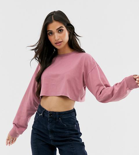 Asos Design Petite - Top Corto A Maniche Lunghe Con Polsini A Coste Rosa - Rosa