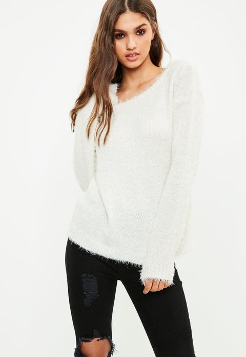 Cream Off Shoulder Fluffy Jumper