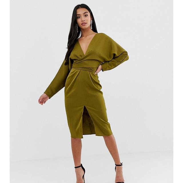 midi dress with batwing sleeve and wrap waist in satin