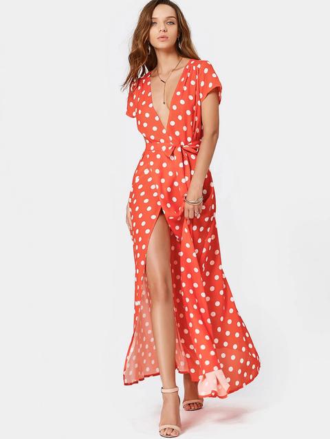 Vestito Cinturato A Pois Con Spacco E Scollo Profondo