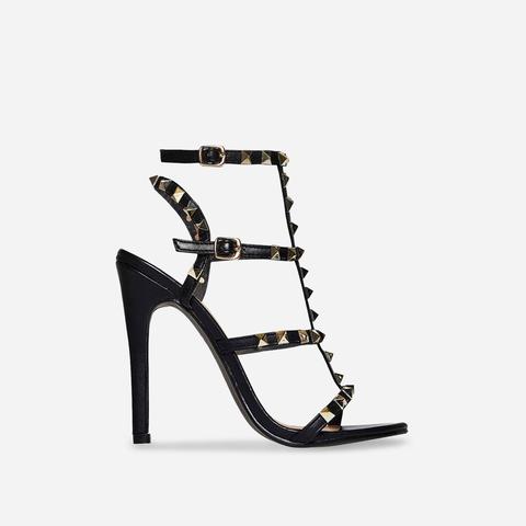 Oya Studded Detail Heel In Black Faux Leather, Black