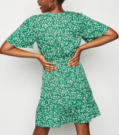 Green Floral Wrap Front Mini Dress New Look