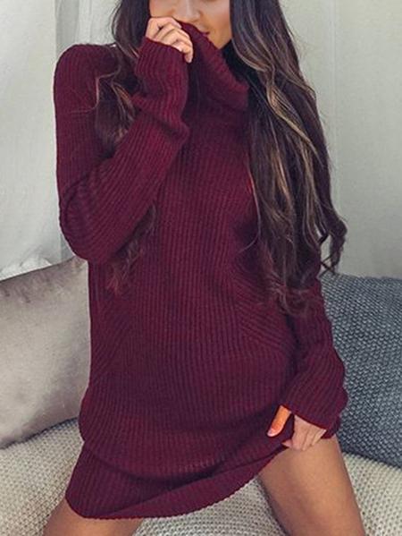 Vestito Casuale Sottile Di Knit Sottile Da Manicotto Lungo Di Borgogna Del Knit