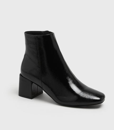Black Crinkle Patent Block Heel Ankle Boots New Look Vegan