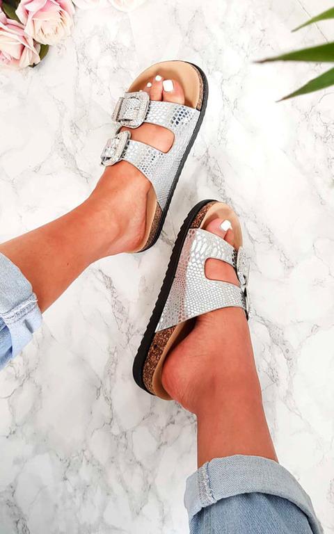 Flora Double Buckle Metallic Sliders In Silver