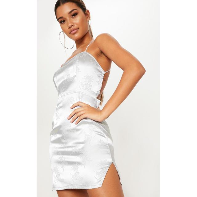 silver satin oriental lace up back bodycon dress