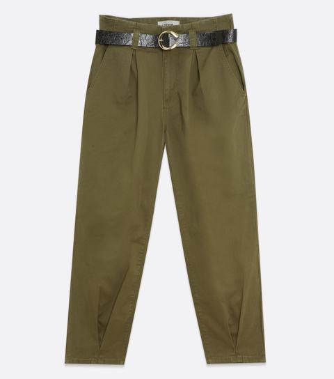 Khaki Denim Belted Trousers New Look