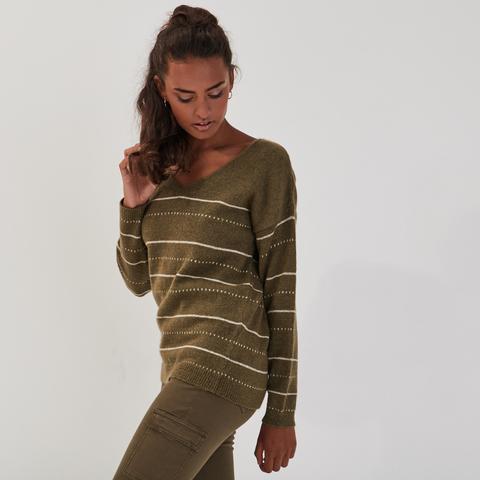 Pull Col En V Vert Kaki Femme