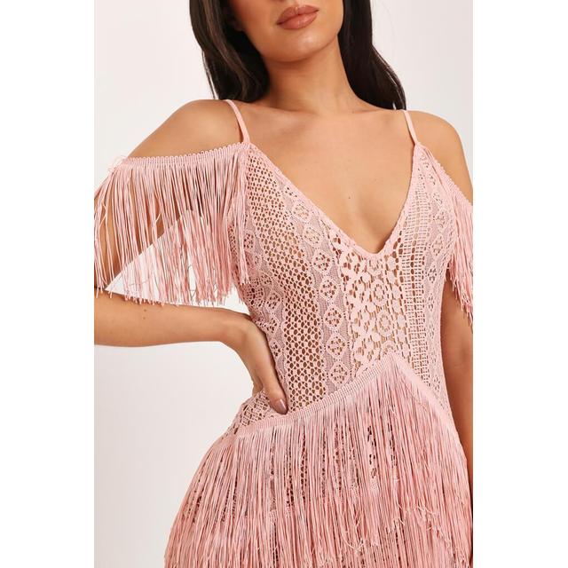 Rose sequin tassel cold outlet shoulder detail midi dress