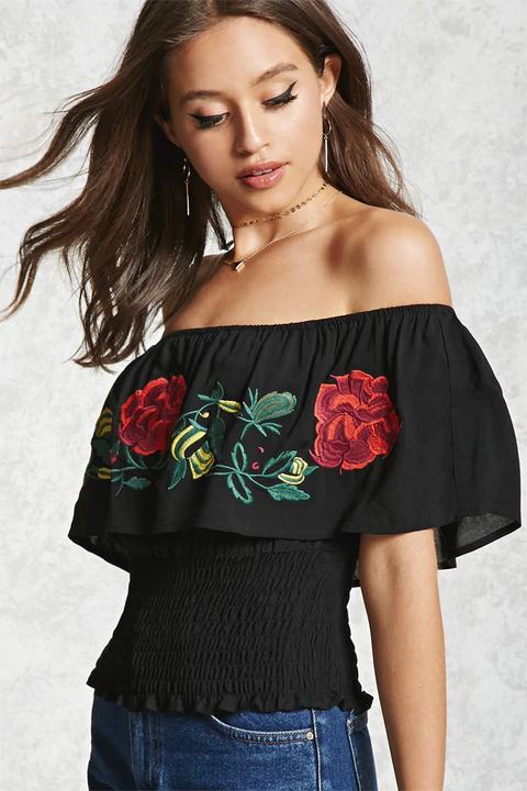 Rose Embroidered Flounce Top