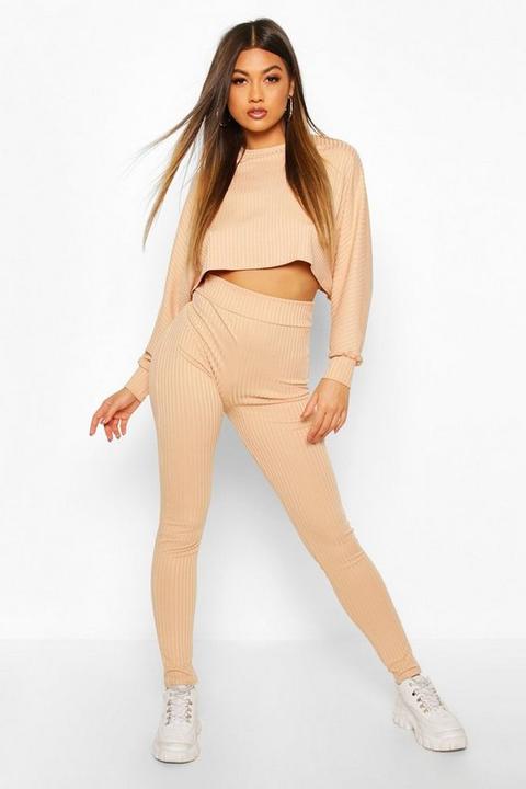 Conjunto De Leggings Y Top Extragrande De Canalé, Beige