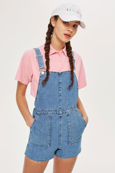 Womens Petite Short Denim Dungarees - Mid Stone, Mid Stone