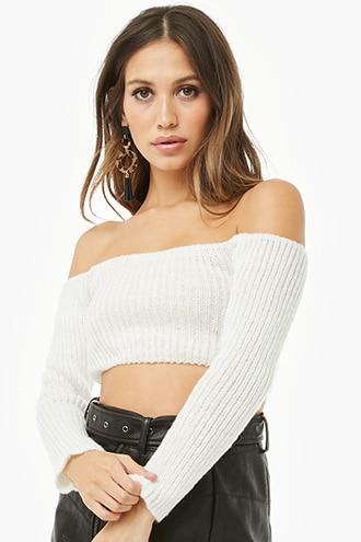 Forever 21 Off-the-shoulder Sweater-knit Crop Top , White