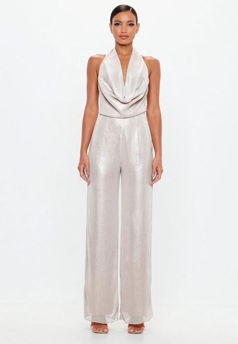 Stone Metallic Cowl Halterneck Backless Jumpsuit, Stone