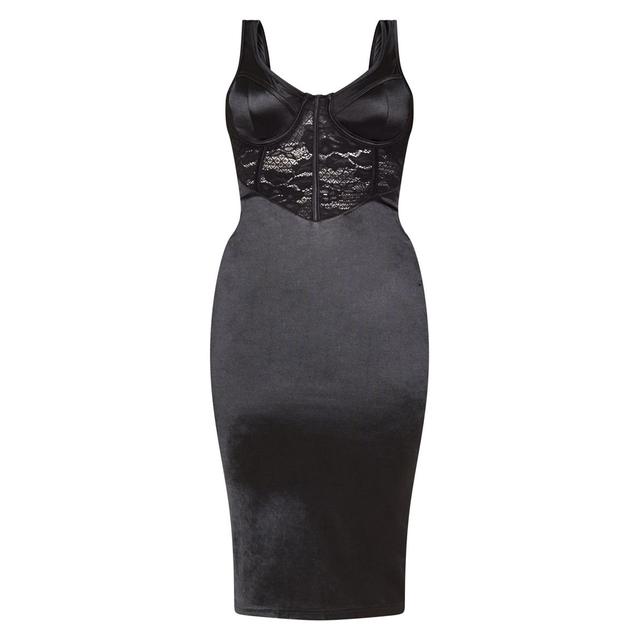 black satin bustier lace insert midi dress