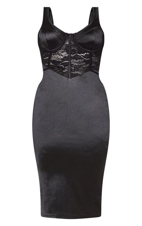 Black Satin Bustier Lace Insert Midi Dress, Black from ...