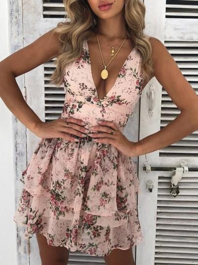 Pink Flowers Ruffle Backless Casual Mini Dress