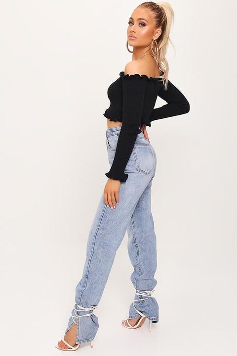 Black Bardot Ribbed Long Sleeved Crop Top