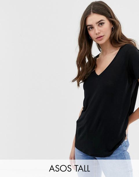 Asos Design Tall - T-shirt Nera A Maniche Corte Con Scollo A V - Nero