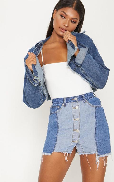 Mid Wash Two Tone Button Through Denim Skirt