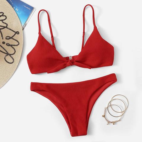 Ribbed Knot Front Top With Panty Bikini Set