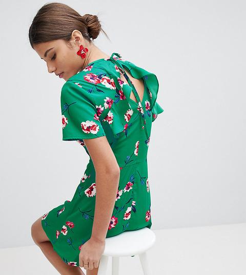 Prettylittlething - Vestito Skater A Fiori Con Allacciatura Sul Retro - Verde